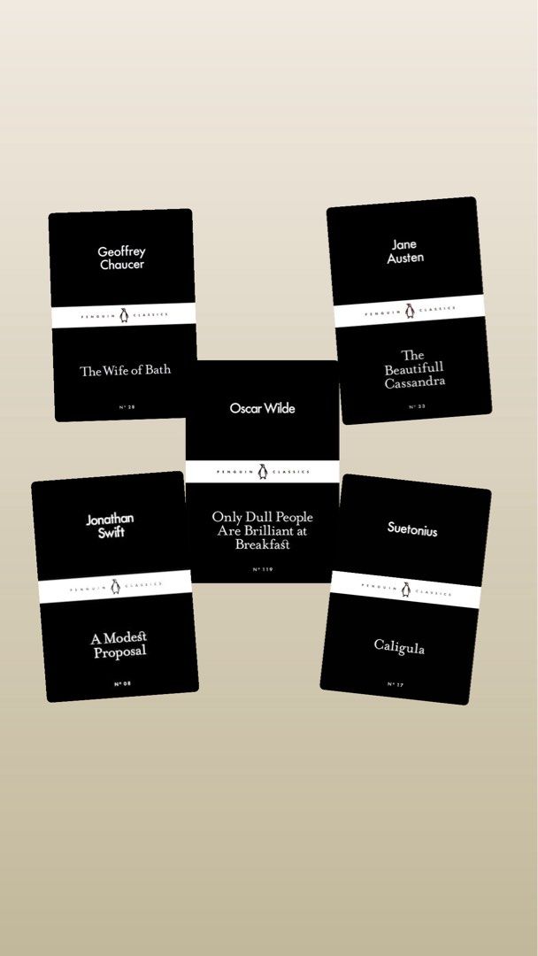 Penguin Little Black Classics (pm for more pics) (Category: Storybooks) located in Quezon City. Submitted by jamzx_17 (Listing ID 1462532953, Image 1). Description: Penguin Little Black Classics 5 Book Bundle- 300 — Only Dull People Are Brilliant at Breakfast —The Wife of Bath —The Beautiful Cassandra —A Modest Proposal —Caligula .