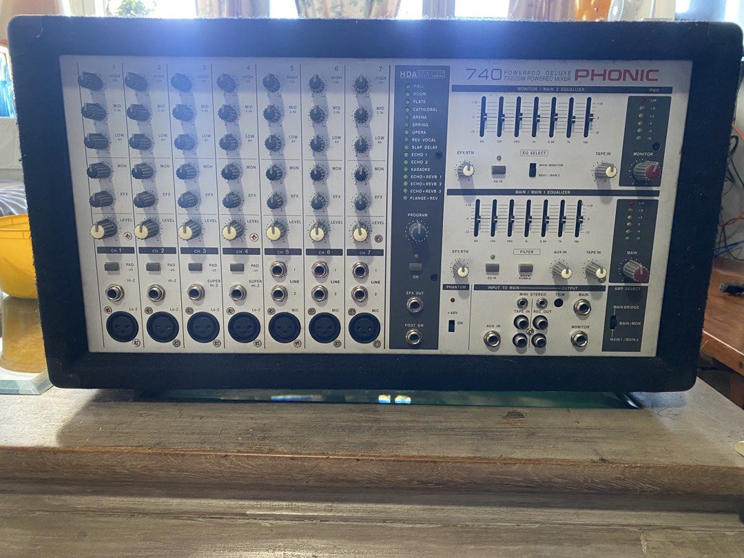 Phonic 740 Powerpod Deluxe Powered Mixer (Category: Other Audio Equipment) located in Taguig. Submitted by roninmcarthur (Listing ID 1462585233, Image 1). Description: - Phonic 740 Powerpod Deluxe powered mixer - 7 channels with individual EQ - Built-in effects - Main and monitor outputs - Tape input and output - Tested and confirmed working - Perfect for small live gigs or band practice.