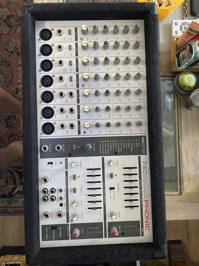 Phonic 740 Powerpod Deluxe Powered Mixer (Category: Other Audio Equipment) located in Taguig. Submitted by roninmcarthur (Listing ID 1462585233, Image 2). Description: - Phonic 740 Powerpod Deluxe powered mixer - 7 channels with individual EQ - Built-in effects - Main and monitor outputs - Tape input and output - Tested and confirmed working - Perfect for small live gigs or band practice.