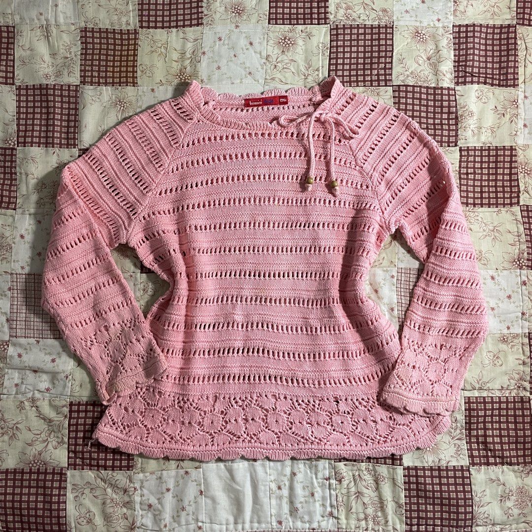 Pink kids top crochet-knit pullover sweater with pattern & tie (Category: Longsleeves) located in Baguio. Submitted by emira.seoul (Listing ID 1462513742, Image 1). Description: - new condition - no flaws - fits xxs-s (kids top) - stretchy - with original tag - washed and ready to use ᥫ᭡.ִֶָ𓂃.