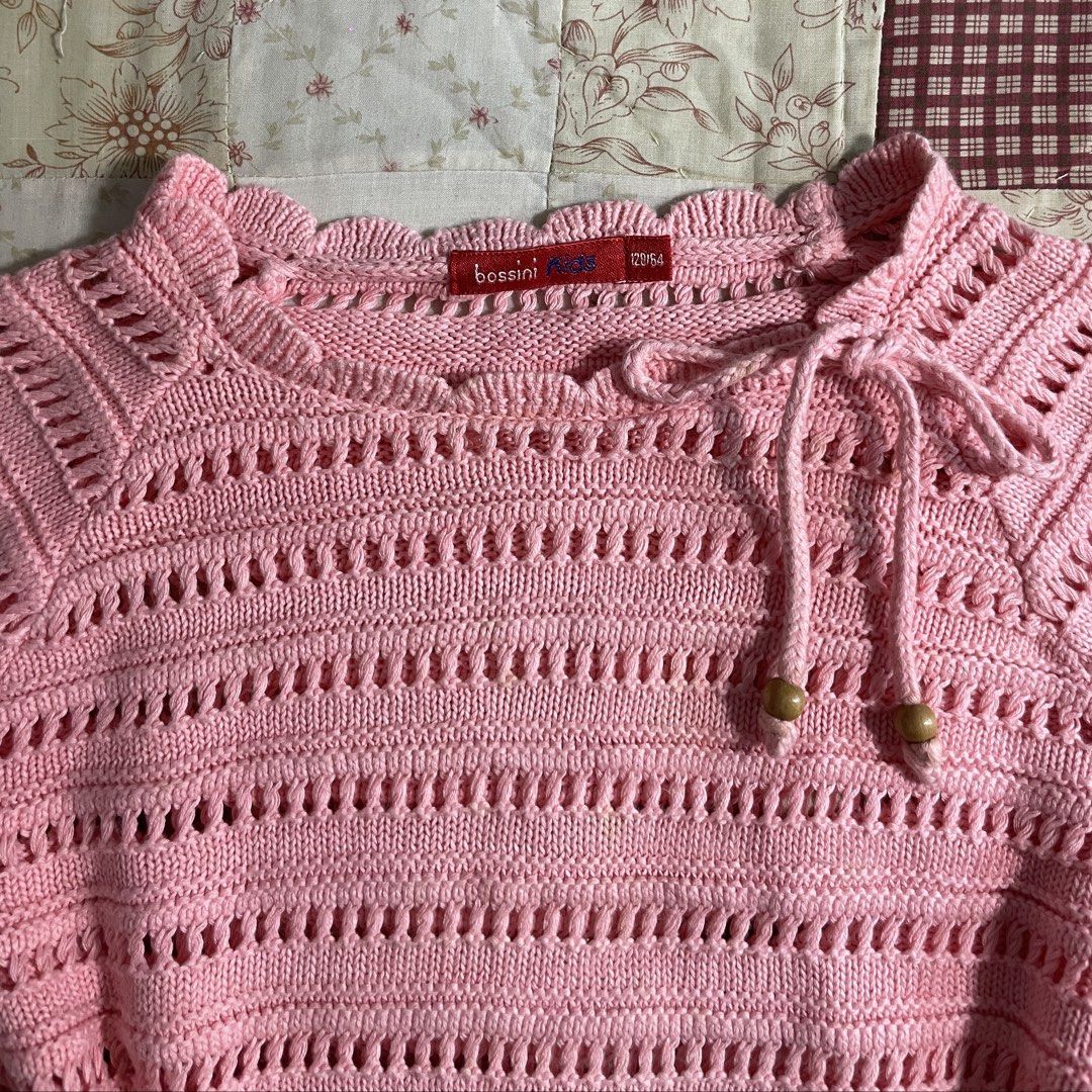 Pink kids top crochet-knit pullover sweater with pattern & tie (Category: Longsleeves) located in Baguio. Submitted by emira.seoul (Listing ID 1462513742, Image 2). Description: - new condition - no flaws - fits xxs-s (kids top) - stretchy - with original tag - washed and ready to use ᥫ᭡.ִֶָ𓂃.