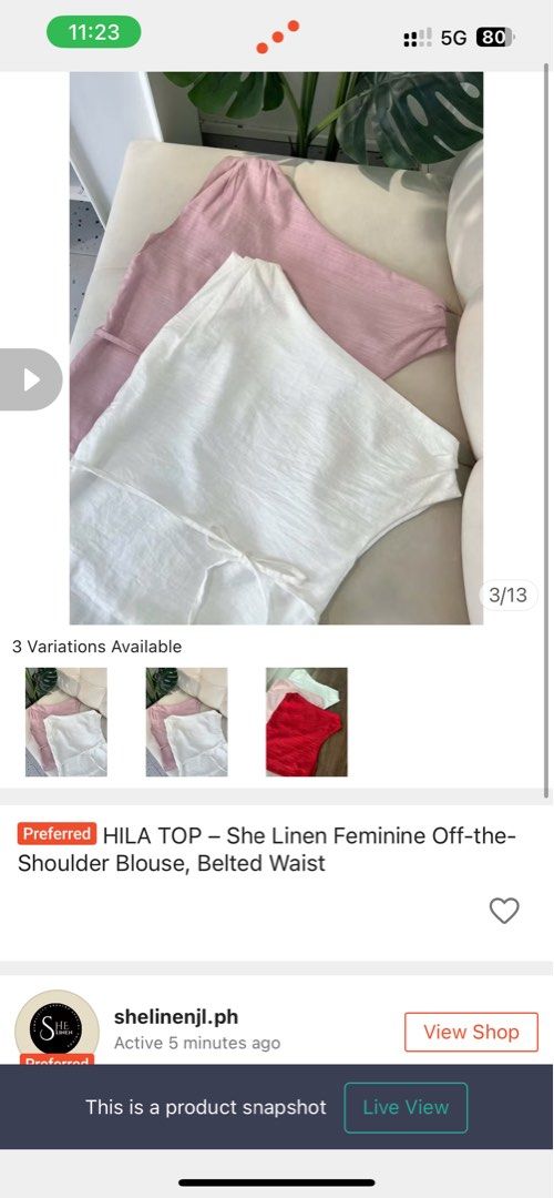 Pink Linen Off-the-Shoulder Blouse (Category: Blouses) located in Caloocan City. Submitted by daenty.mnl (Listing ID 1462469198, Image 3). Description: - used once only - bought for ₱1000 - Sheer linen fabric - Trendy off-the-shoulder design - Unique one-sleeve style - Flattering belted waist - Effortlessly feminine - Perfect for dressing up or down - Pairs beautifully with skirts or pants.