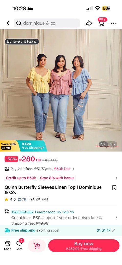 Pink Quinn Butterfly Linen Top (Category: Blouses) located in Mandaluyong City. Submitted by gbtnhc (Listing ID 1462462009, Image 3). Description: Used once - Pink square neckline butterfly sleeve top with adjustable tie front - Elasticated smocking at the back for a comfortable fit - Current price: 280 - LARGE TO XL - RFS: doesn’t fit me anymore.