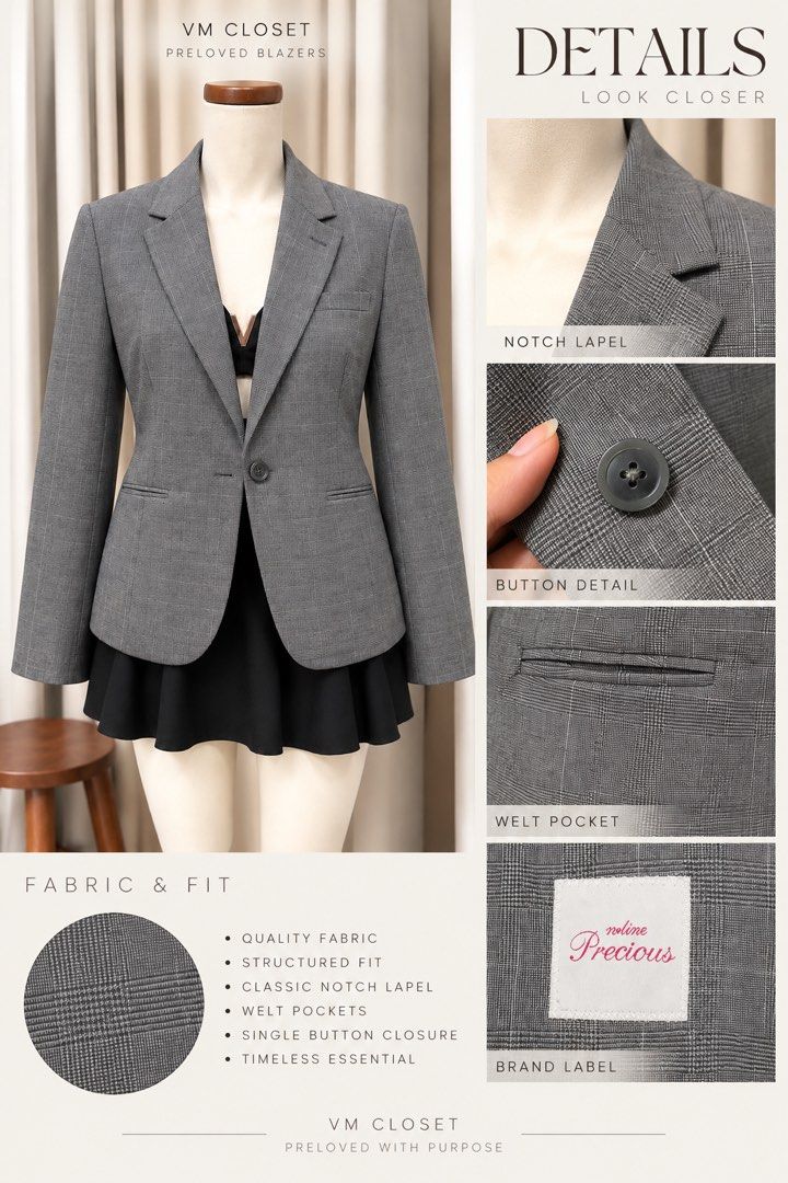 Plaid Gray Lightweight Blazer (Category: Coats, Jackets and Outerwear) located in Taguig. Submitted by vm.co (Listing ID 1462573496, Image 2). Description: VM’s Closet Classic & timeless essential Size Small Structured fit with classic notch lapel Single-button closure Quality fabric with clean, polished finish Welt/flap pockets depending on style Perfect for work, smart casual, or everyday classy looks..