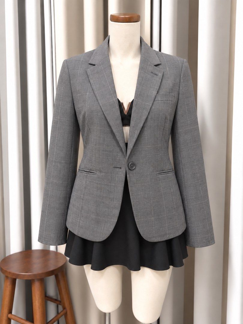 Plaid Gray Lightweight Blazer (Category: Coats, Jackets and Outerwear) located in Taguig. Submitted by vm.co (Listing ID 1462573496, Image 1). Description: VM’s Closet Classic & timeless essential Size Small Structured fit with classic notch lapel Single-button closure Quality fabric with clean, polished finish Welt/flap pockets depending on style Perfect for work, smart casual, or everyday classy looks..
