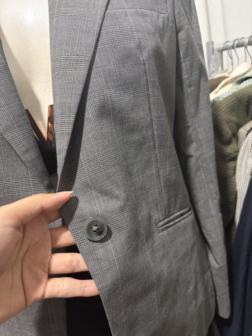 Plaid Gray Lightweight Blazer (Category: Coats, Jackets and Outerwear) located in Taguig. Submitted by vm.co (Listing ID 1462573496, Image 3). Description: VM’s Closet Classic & timeless essential Size Small Structured fit with classic notch lapel Single-button closure Quality fabric with clean, polished finish Welt/flap pockets depending on style Perfect for work, smart casual, or everyday classy looks..