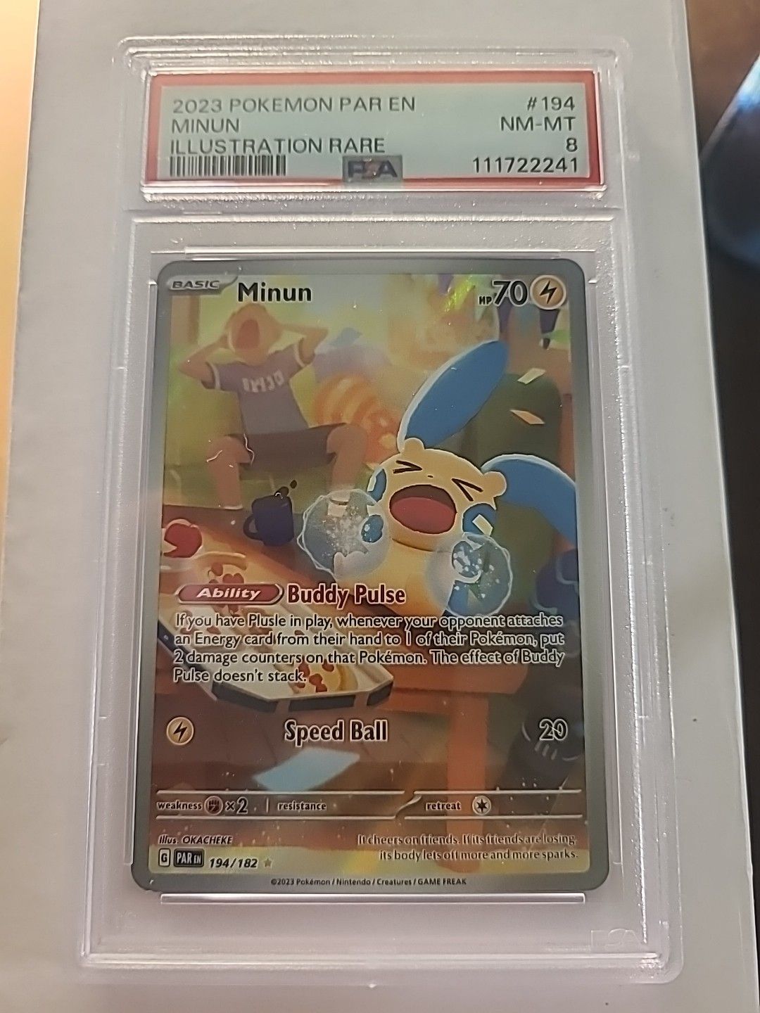 Pokemon TCG Minun 194/182 Sv04: Paradox Rift Holo Illustration Rare PSA 8 （分類：鑑定單卡）位於 Hong Kong。 由 carousellglobal_hk 提交（商品編號 1451151399，圖片 1）。簡介： [Card Size] Standard [Character] Minun [Creature/Monster Type] Psychic [Features] Full Art [Rarity] Illustration Rare [Game] Pokémon TCG [Set] SV04: Paradox Rift [Language] English [Card Name] Minun [HP] 70 [Manufacturer] The Pokémon Company [Stage] Basic [Card Type] Pokémon [Card Number] 194/182 [Fini