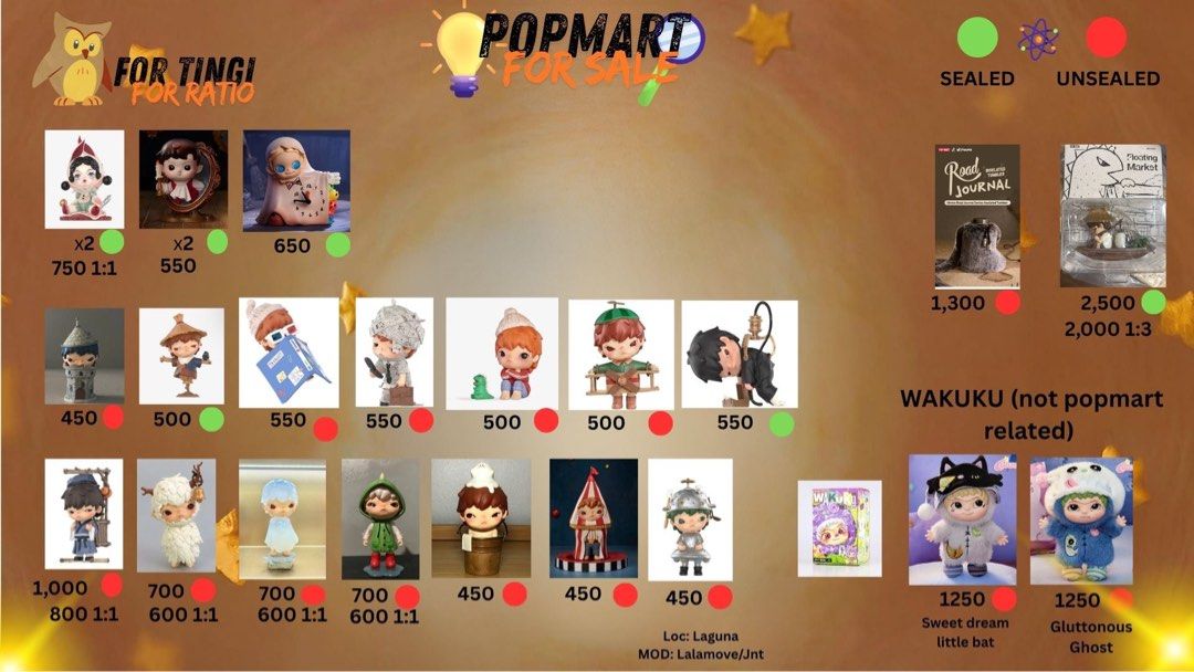 Pop Mart Figures for Sale - Various Series (Category: Designer & Blind Box Toys) located in Manila. Submitted by christjohn25 (Listing ID 1462645787, Image 1). Description: - Authentic Pop Mart & Wakuku figures -Hirono and Wakuku - Sealed and unsealed options available - Prices and availability indicated by colored dots - Location: Laguna - Shipping: Lalamove/J&T.