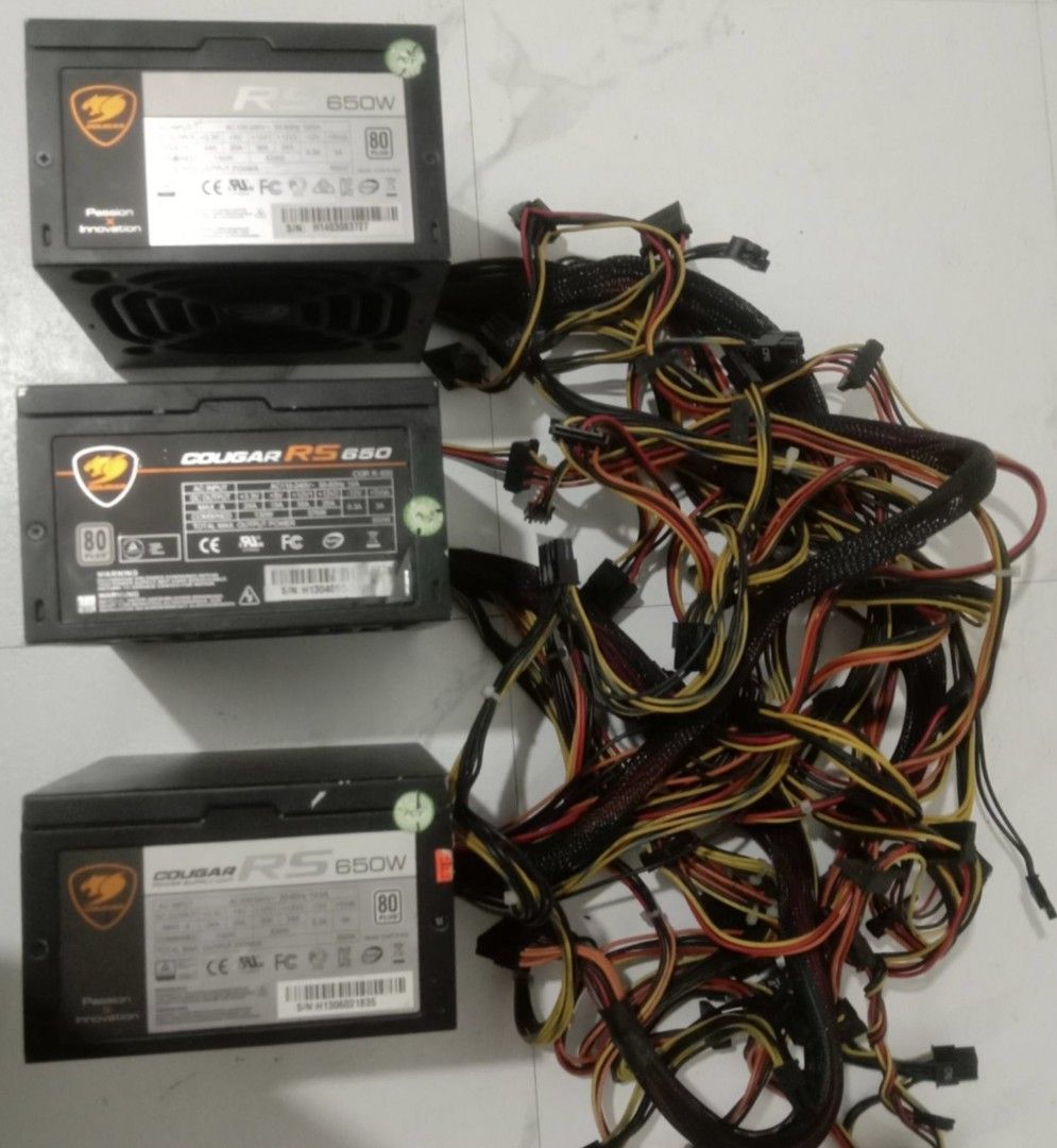 Power Supply (Category: Computer Parts) located in Bulacan. Submitted by rmlgaming04 (Listing ID 1462668937, Image 2). Description: cougar and Corsair 650w 80 plus 1100 each cougar 700w 80+ bronze 1300 each all Corsair Sold cougar available tested and working pick up or Lalamove test before ship all secondhand NO WARRANTY Location San Jose del Monte Bulacan..