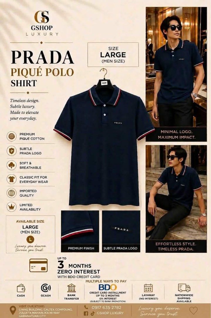 Prada polo shirt (large) (Category: Luxury Apparel) located in Cabanatuan. Submitted by GRESTORE (Listing ID 1462547746, Image 1). Description: large size 1 pc left mop: bank transfer bdo, gcash, also offers: creditcard installment 3 months zero interest plus BUY NOW PAY NEXT YEAR! .