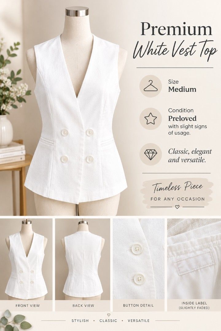 Premium White Double-Breasted Vest Top - Size Medium (Category: Sleeveless) located in Digos. Submitted by chicandglowbargains (Listing ID 1462620930, Image 1). Description: - Premium white vest top - Size: Medium - Classic double-breasted design - Versatile: Style up or down for any occasion - Condition: Good, with slight signs of usage - Note: Inside label is slightly faded.