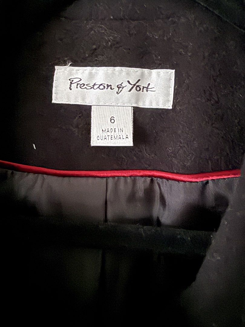 Preston & York Black Button-Up Coat Size 6 (Category: Coats, Jackets and Outerwear) located in Nasugbu. Submitted by truelion.9528cf (Listing ID 1462464878, Image 2). Description: - Brand: Preston & York - Color: Black - Style: Button-up coat - Features: Collar detail, front pockets - Origin: Made in Guatemala - Size: 6.