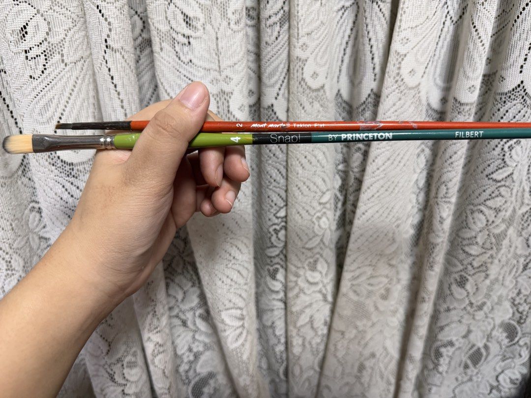 RUSH princeton snap! 9800 & mont marte paint brush (SET) (Category: Craft Supplies & Tools) located in Quezon City. Submitted by baguetteparangkasalananko (Listing ID 1462665922, Image 1). Description: 🩶 used once 🩶princeton snap! filbert and mont marte minor issue: paint stain on handle (mont marte), charcoal stain on brush (princeton) 🔖 oil paint acrylic paint artph art materials art mats beginner friendly artist grade .