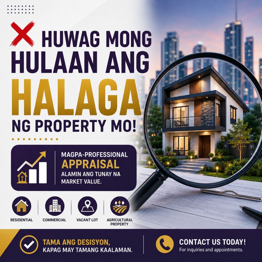 Real Estate Appraisal Licensed Appraiser (Category: House & Lot) located in Laoag. Submitted by PropertySale-Ilocos (Listing ID 1462497831, Image 1). Description: Don't guess your property's worth! Get a professional appraisal to know the true market value. We offer appraisals for residential, commercial, vacant lots, and agricultural properties. Make informed decisions. Contact us today for inquiries and appointments. 09919446566.