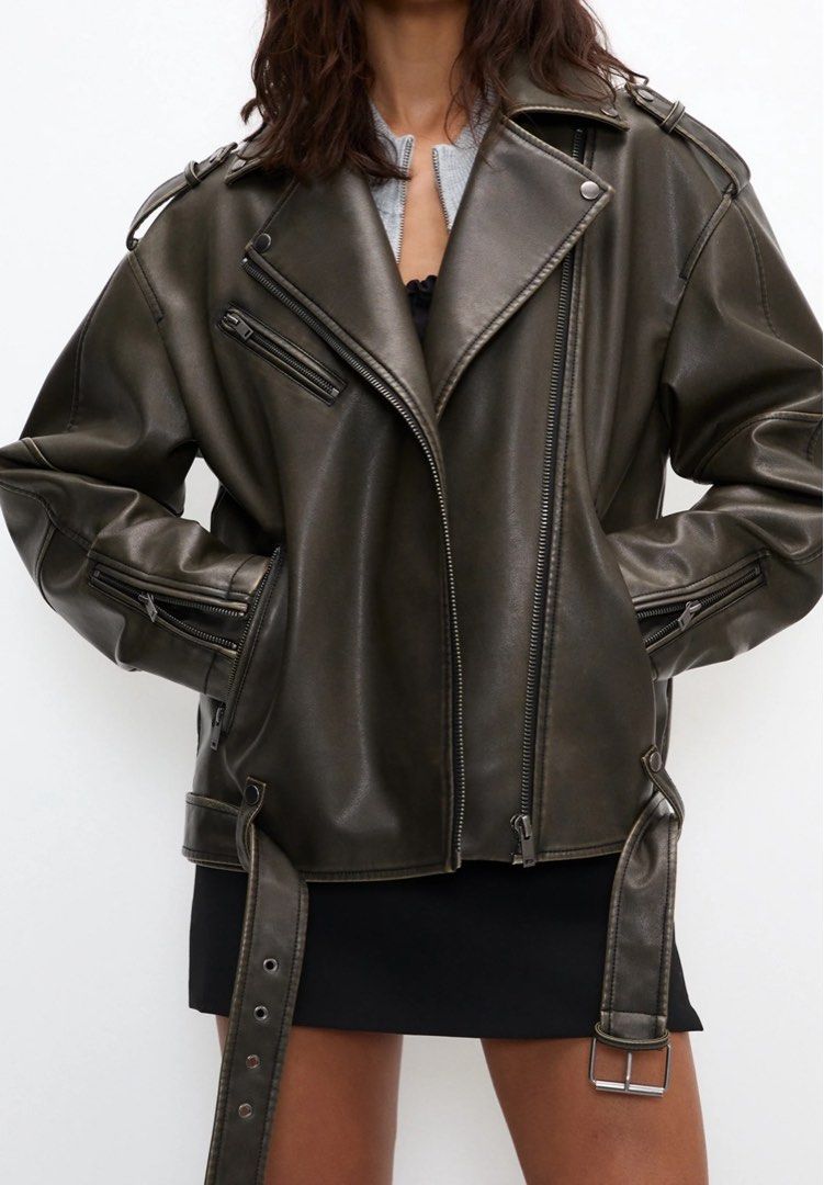 PULL&BEAR Faux Leather Biker Jacket (Category: Coats, Jackets and Outerwear) located in Paranaque City. Submitted by kaescloset.18 (Listing ID 1462609207, Image 1). Description: - used during a trip - faux leather biker jacket - Oversized fit - comes with a removable belt - Zip pockets on front and sleeves .