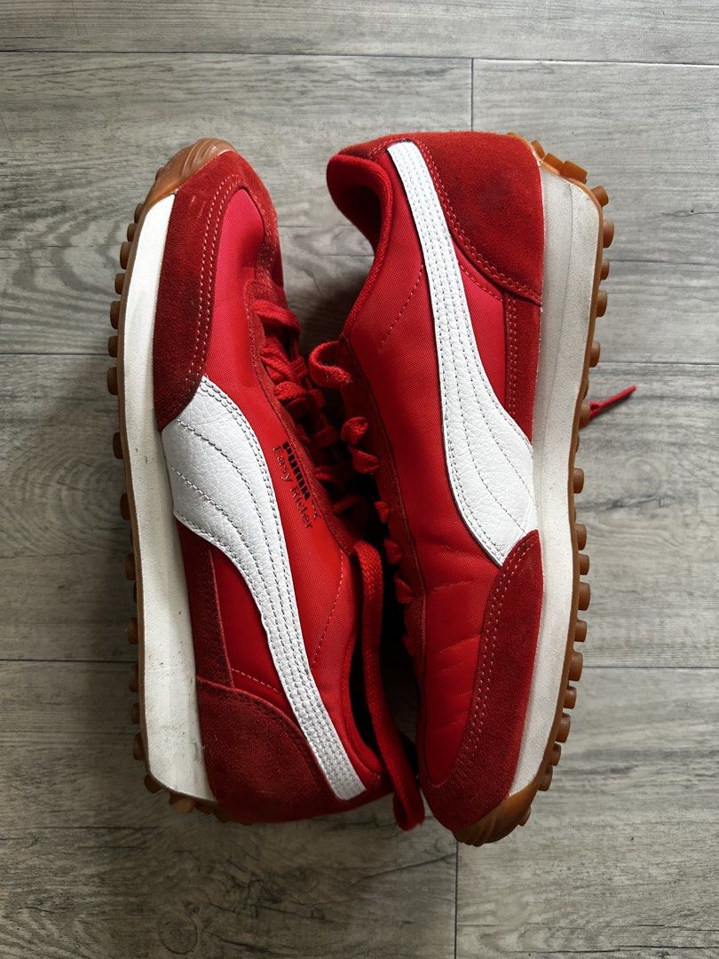 Puma Red Suede Nylon Sneakers (Category: Sneakers) located in Taguig. Submitted by MNugget (Listing ID 1462523621, Image 2). Description: - Preloved. Slightly used. - Classic red Puma sneakers - Suede and nylon upper - White Puma stripe on the side - Gum sole - Ideal for casual wear - Size: 9 US.