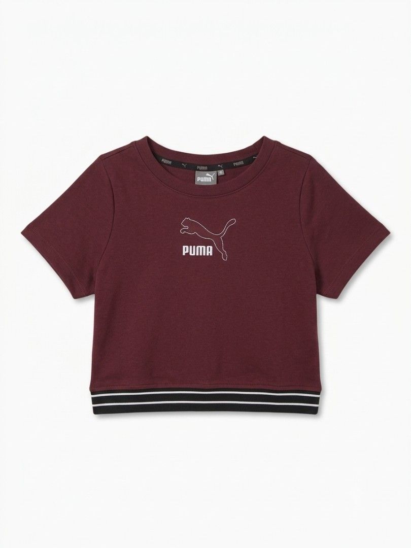 PUMA Striped-Hem Cropped Tee in Maroon 🍷 (Category: Shirts) located in Manila. Submitted by vbaykco (Listing ID 1462528022, Image 1). Description: Meet your new go-to workout-to-street staple: the PUMA Women's Striped-Hem Crop Tee. Color: Rich Burgundy / Deep Maroon Details: Outlined chest logo, classic crew neck, elasticized striped waistband Fit: Cropped length designed for effortless high waisted styling.