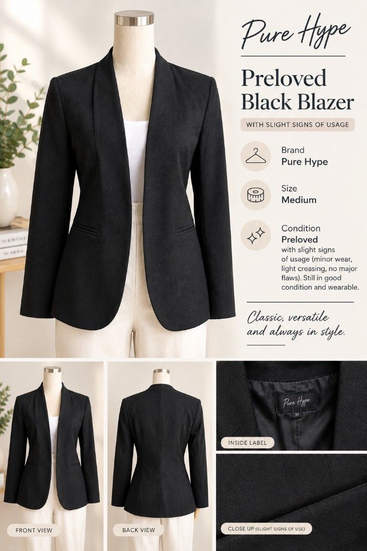 Pure Hype Preloved Black Blazer - Size Medium (Category: Coats, Jackets and Outerwear) located in Digos. Submitted by chicandglowbargains (Listing ID 1462621475, Image 1). Description: - Classic black blazer - Brand: Pure Hype - Size: Medium - Condition: Preloved with minor wear and light creasing - Flaws: No major flaws - Overall: Good, wearable condition - Style: Versatile and always in style.