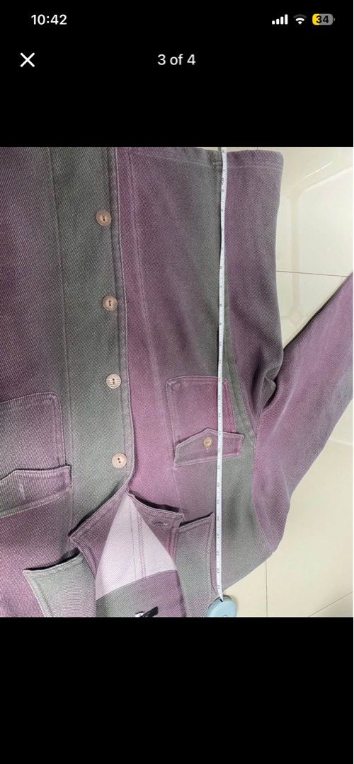 Purple and Green Striped Button-Up Jacket (Category: Coats, Jackets and Outerwear) located in Baguio. Submitted by yunothewizardking (Listing ID 1462460912, Image 2). Description: - Unique purple and green color block design - Two chest pockets with button closures - Button-up front - Ideal for layering.