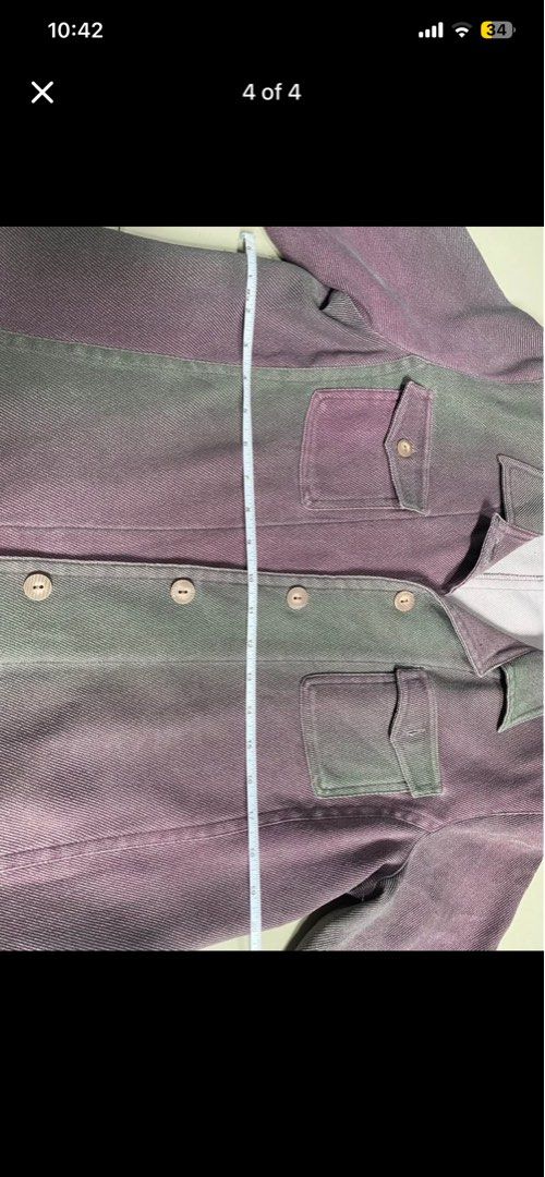 Purple and Green Striped Button-Up Jacket (Category: Coats, Jackets and Outerwear) located in Baguio. Submitted by yunothewizardking (Listing ID 1462460912, Image 3). Description: - Unique purple and green color block design - Two chest pockets with button closures - Button-up front - Ideal for layering.