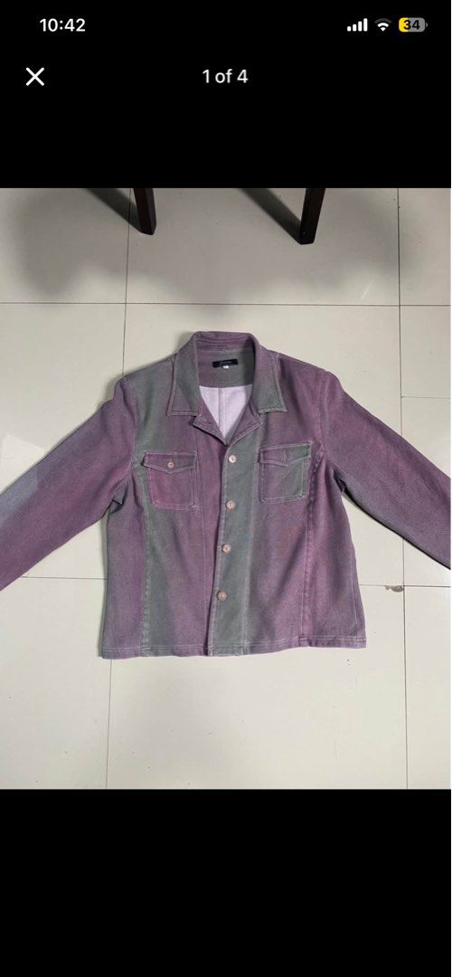 Purple and Green Striped Button-Up Jacket (Category: Coats, Jackets and Outerwear) located in Baguio. Submitted by yunothewizardking (Listing ID 1462460912, Image 1). Description: - Unique purple and green color block design - Two chest pockets with button closures - Button-up front - Ideal for layering.