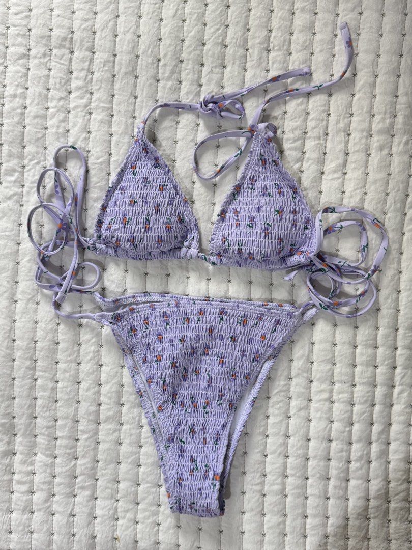 Purple Floral Smocked Triangle Bikini (Category: Bikinis & Swimsuits) located in Taguig. Submitted by yumibearr (Listing ID 1462550026, Image 1). Description: -worn once -best fit xs/s.