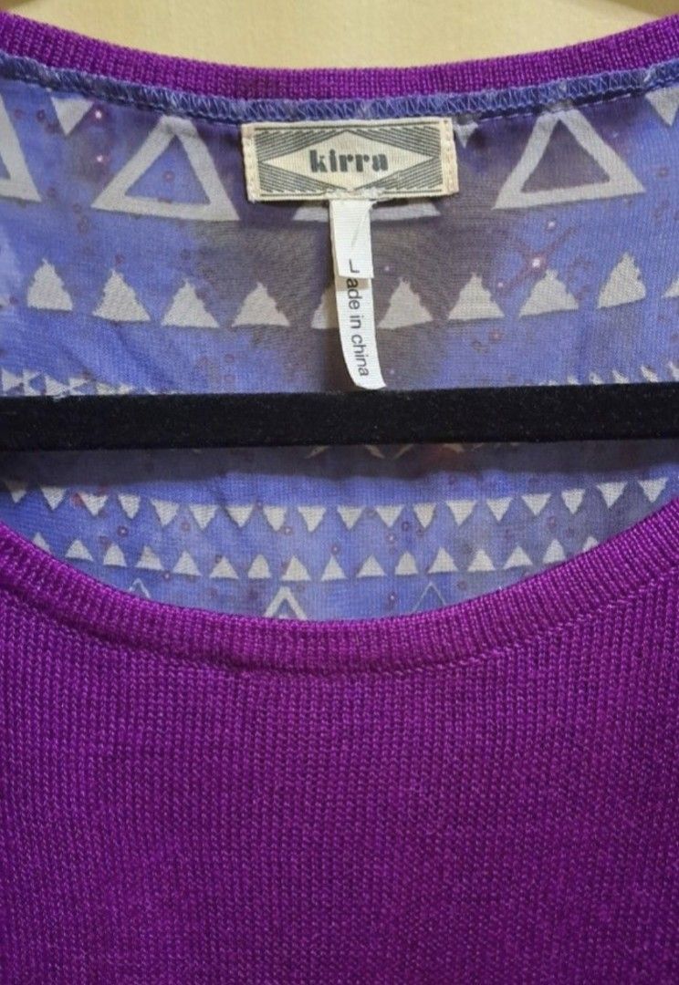 Purple Light Pullover Top (Category: Longsleeves) located in Manila. Submitted by thrifter_lifestyle (Listing ID 1462678720, Image 3). Description: Brand: Kirra (bought in Korea) Long-Sleeves Geometric print at the back, material is sheer almost see through (which makes in unique!) Photos show how it falls on shoulders Material: Acrylic knitted front, back is sheer polyester Actual Color: Borahae Purple 💜 No issues 😀 RFS: closet spring cleaning