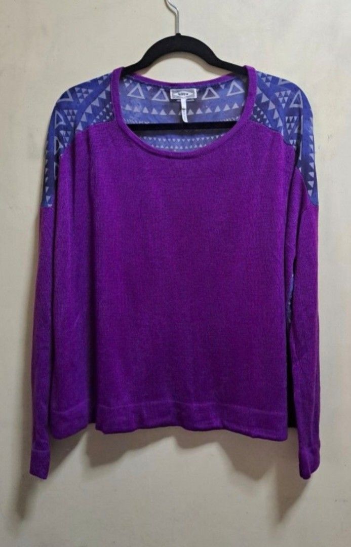 Purple Light Pullover Top (Category: Longsleeves) located in Manila. Submitted by thrifter_lifestyle (Listing ID 1462678720, Image 1). Description: Brand: Kirra (bought in Korea) Long-Sleeves Geometric print at the back, material is sheer almost see through (which makes in unique!) Photos show how it falls on shoulders Material: Acrylic knitted front, back is sheer polyester Actual Color: Borahae Purple 💜 No issues 😀 RFS: closet spring cleaning