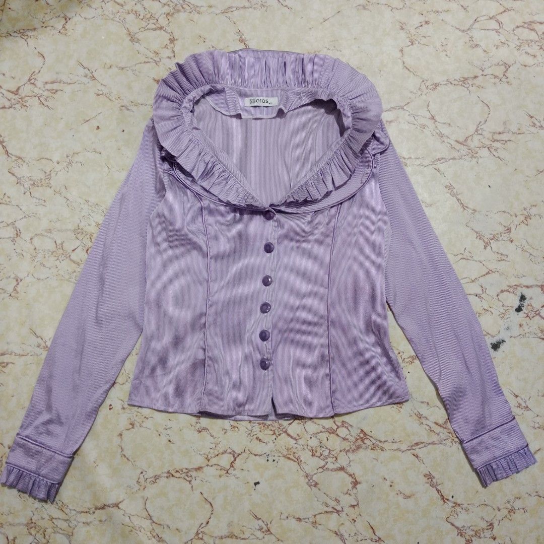 Purple Silk Office Blouse (Category: Blouses) located in Santa Rosa. Submitted by ashescrochets (Listing ID 1462457414, Image 1). Description: Measurements: Bust: 36-38 inches Waist: 33-35 inches Length: 21-22 inches XL-42 on tag Not fitted sa Medium pababa.