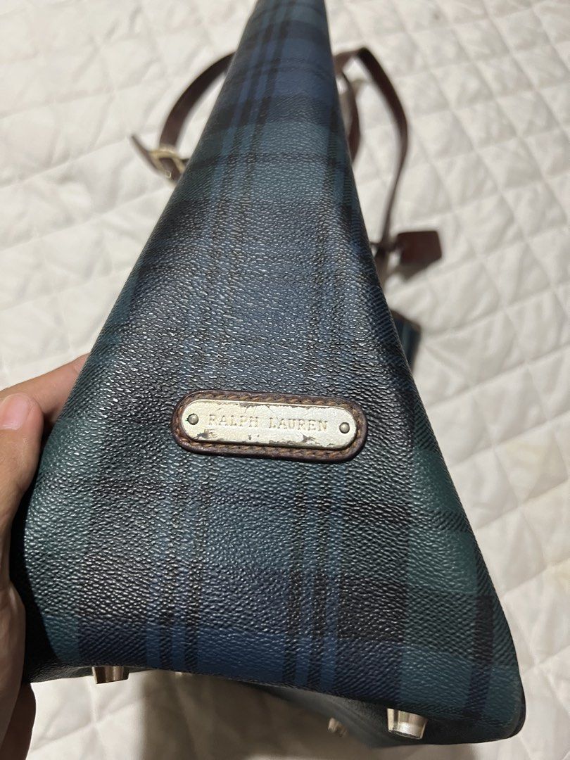 Ralph Lauren Plaid Tote Bag (Category: Luxury Bags & Wallets) located in Muntinlupa City. Submitted by cutiepie143 (Listing ID 1462616008, Image 3). Description: - Classic Ralph Lauren tote bag - Navy and green plaid pattern - Genuine leather trim and handles - Protective metal feet on the bottom - Multiple interior pockets for organization - Ideal for everyday use.
