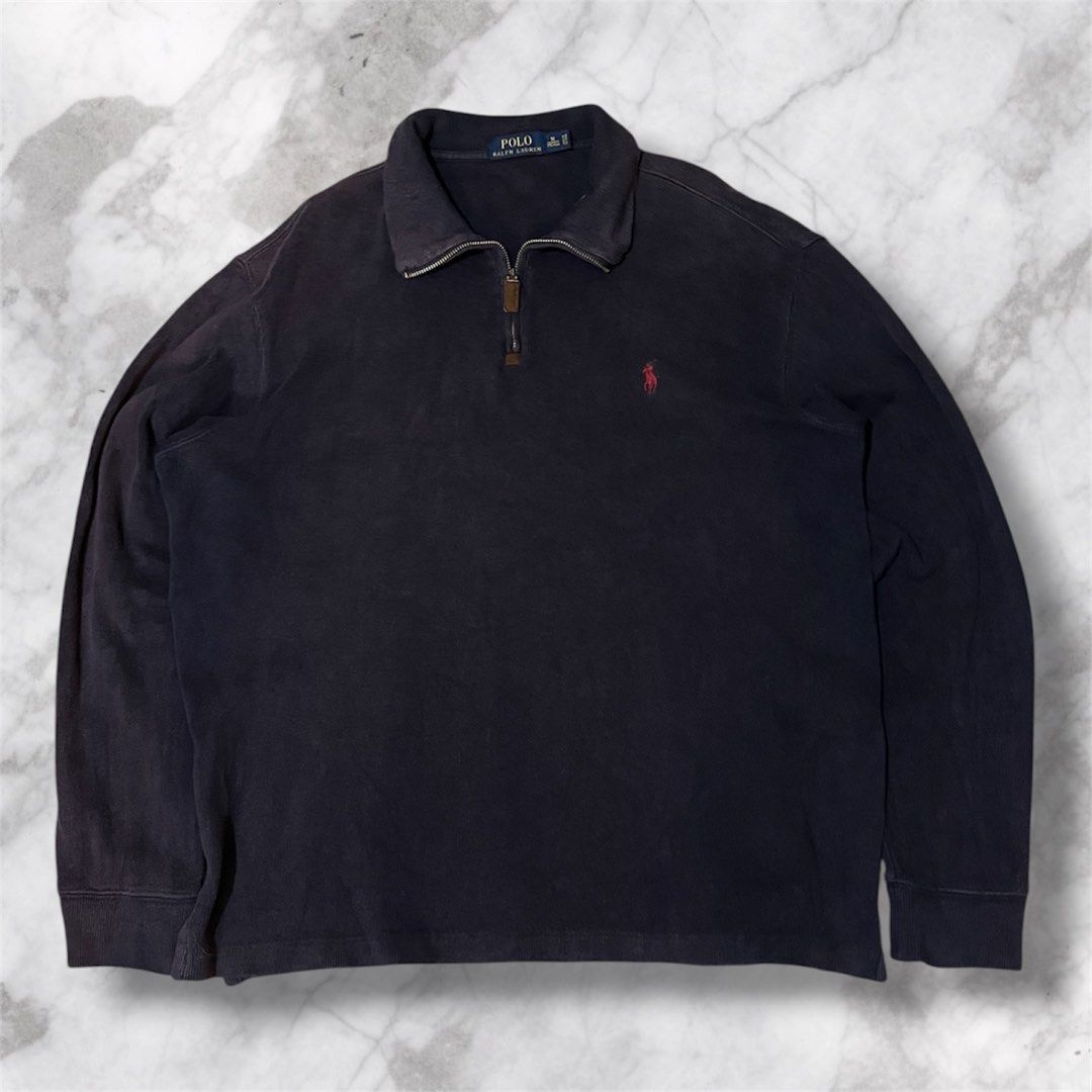 Ralph Lauren Quarter Zip (Category: Hoodies) located in Baguio. Submitted by nifty.grails (Listing ID 1462458694, Image 1). Description: W: 23 L: 27 Medium on Tag | Best fit Large Navy Blue with Red Pony Severely Sunfaded.