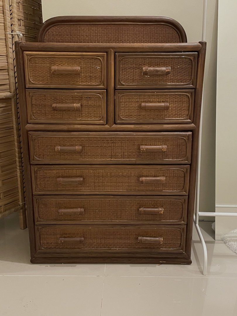 Rattan drawer/dresser/cabinet (Category: Shelves, Cabinets & Racks) located in Quezon City. Submitted by min20_ (Listing ID 1462467130, Image 2). Description: 8 drawers for storage Dimensions: Height: 102 cm Length: 68 cm Width: 36 cm Shipping shouldered by buyer.