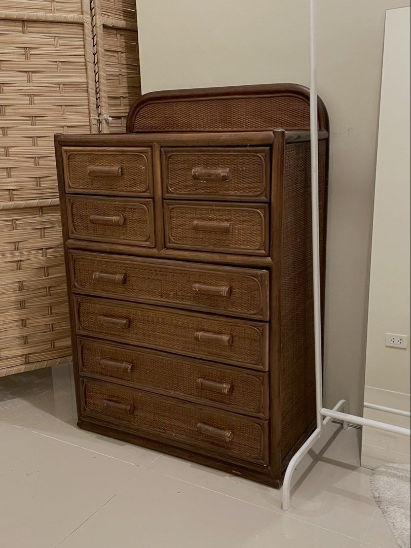 Rattan drawer/dresser/cabinet (Category: Shelves, Cabinets & Racks) located in Quezon City. Submitted by min20_ (Listing ID 1462467130, Image 1). Description: 8 drawers for storage Dimensions: Height: 102 cm Length: 68 cm Width: 36 cm Shipping shouldered by buyer.