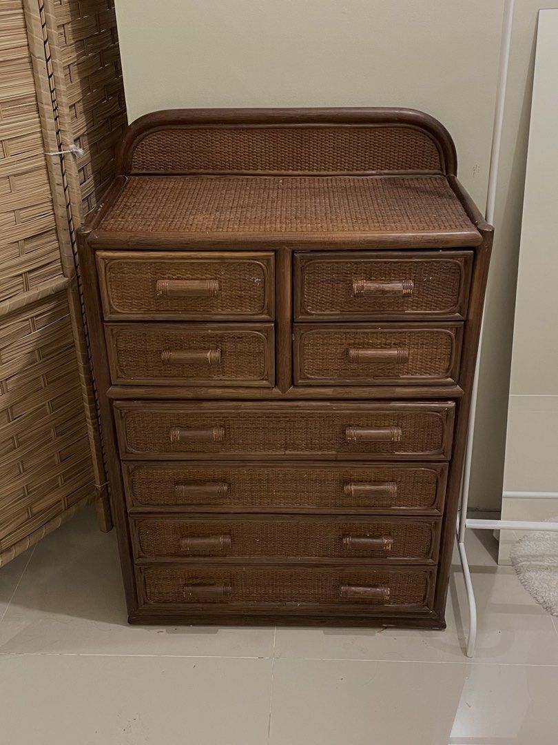Rattan drawer/dresser/cabinet (Category: Shelves, Cabinets & Racks) located in Quezon City. Submitted by min20_ (Listing ID 1462467130, Image 3). Description: 8 drawers for storage Dimensions: Height: 102 cm Length: 68 cm Width: 36 cm Shipping shouldered by buyer.