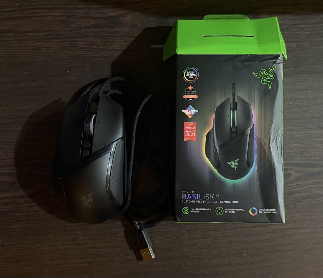 Razer Basilisk V3 Customizable Ergonomic Gaming Mouse (Category: Mouse & Mousepads) located in Manila. Submitted by zuni8a (Listing ID 1462534392, Image 1). Description: - Razer Basilisk V3 Gaming Mouse - Ergonomic design for comfort - Customizable buttons for personalized control - Razer HyperScroll tilt wheel for smooth navigation - 11 Razer Chroma RGB lighting zones for vibrant effects - Comes with original box but with minor issues -Barely us
