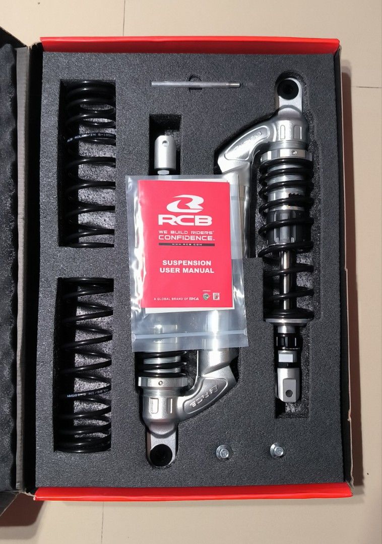 RCB V Series Suspension (Category: Other Motorcycles Parts and Accessories) located in Caloocan City. Submitted by skyleb_28 (Listing ID 1462451658, Image 1). Description: - Set of RCB V Series suspension - Comes with original box and user manual - Includes extra springs for softer settings - Ready to upgrade your ride.