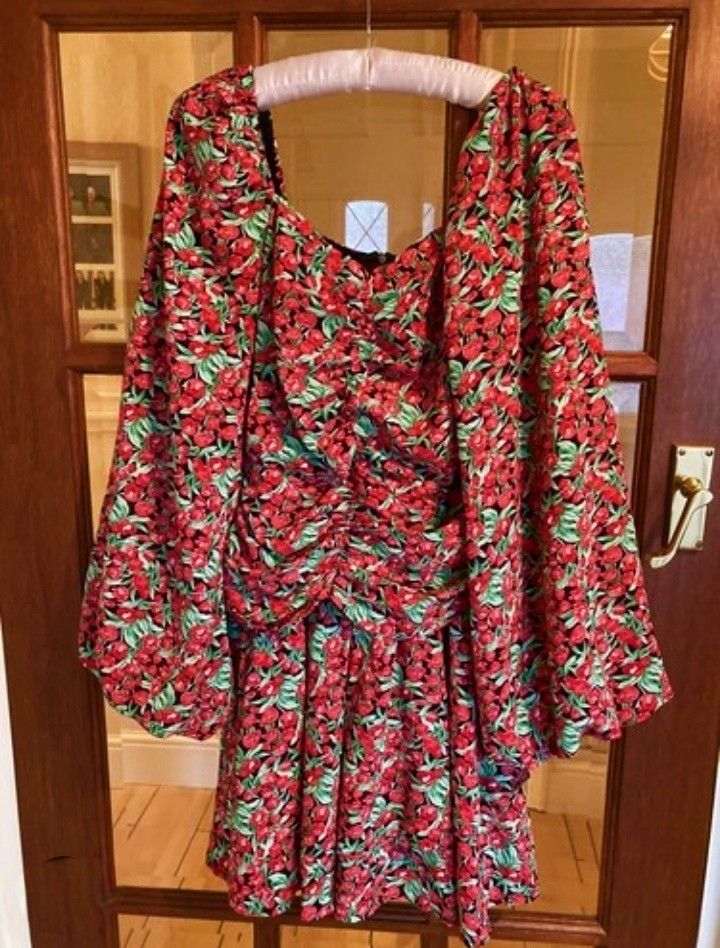 Red floral mini dress (Category: Dresses) located in Cabanatuan. Submitted by miss.maia (Listing ID 1462630835, Image 2). Description: Red floral mini dress with a V-neck, long sleeves, and a gathered, ruched center leading into a ruffled hem..