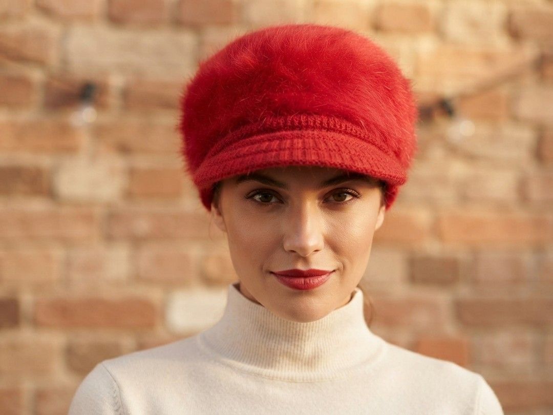 Red Fuzzy Cabbie Hat with Ribbed Knit Visor (Category: Hats & Beanies) located in Binangonan. Submitted by yuristalin888 (Listing ID 1462661795, Image 1). Description: This bright red hat features a voluminous, fuzzy crown with a soft, hair-like texture. The cap contrasts this fluffy upper with a structured front brim and lower band made from a ribbed knit material. As shown in the side profile from the combination of the high-texture body and th