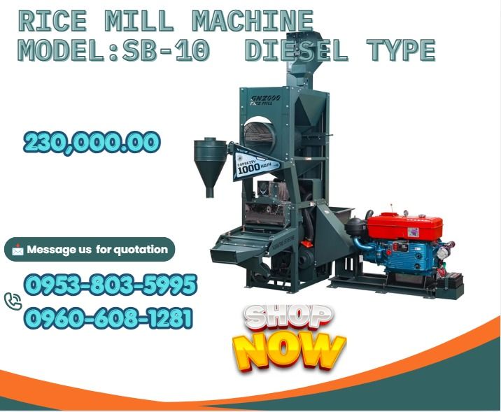 Rice Mill Machine Model:SB-10 diesel type (Category: Industrial Equipment) located in Caloocan City. Submitted by ultimatebi56643 (Listing ID 1462495497, Image 1). Description: •Model: MC-SB-5/MC-SB-10/MC-SB-30/MC-SB-50 •Capacity(kg/h) :500-600 / 700-900 / 1100--1500/ 1800-2300 •Motor (kw) : 5.5 / 11 / 15 / 22 •size: (mm): 650*670*138 / 770*770*1670* / 770*970*1670 / 960*106*2140 •Weight (kg): 150 / 195 / 320 / 650 .