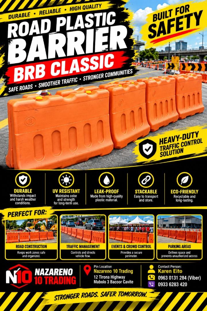 ROAD PLASTIC BARRIER BRB CLASSIC (Category: Looking For) located in Bacoor. Submitted by kajezame.2021 (Listing ID 1462490929, Image 1). Description: ROAD PLASTIC BARRIER BRB CLASSIC For More Details and Discount Contact Ms. Karen NAZARENO 10 TRADING 0963 0131 284 0933 6283 420 0956 7028 557 0933 8559 510 Landline: Look for Ms. Karen (046 ) 416 3920 Also available: • Traffic cone • Parking Block stopper • Hooded trash bin • Road Plastic Barrier •