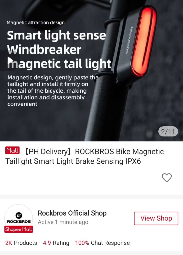 ROCKBROS Magnetic Tail Light (Category: Bicycles) located in Pasig City. Submitted by ElisaurusRex (Listing ID 1462559178, Image 3). Description: Item is brand new, na doble lang ng check out. Bagay na bagay sa bike mo. -Premium quality but affordable magnetic tail light -Maganda visibility, sleek look, and value for money -Plenty light modes, lumalakas ilaw pag pumupreno ka. Meetup: -Kapitolyo -Greenfield -Ortigas No reservation, item goes to th