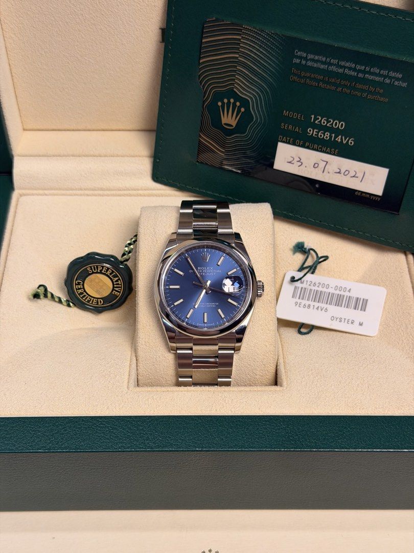 Rolex Datejust 36 (Category: Men's Watches) located in Quezon City. Submitted by LuxPieces (Listing ID 1462656306, Image 1). Description: Rolex Datejust Size 36mm Blue Stick Dial Ref. 126200 - NEWEST REFERENCE FULL SET Pristine condition Year 2021 460k only.