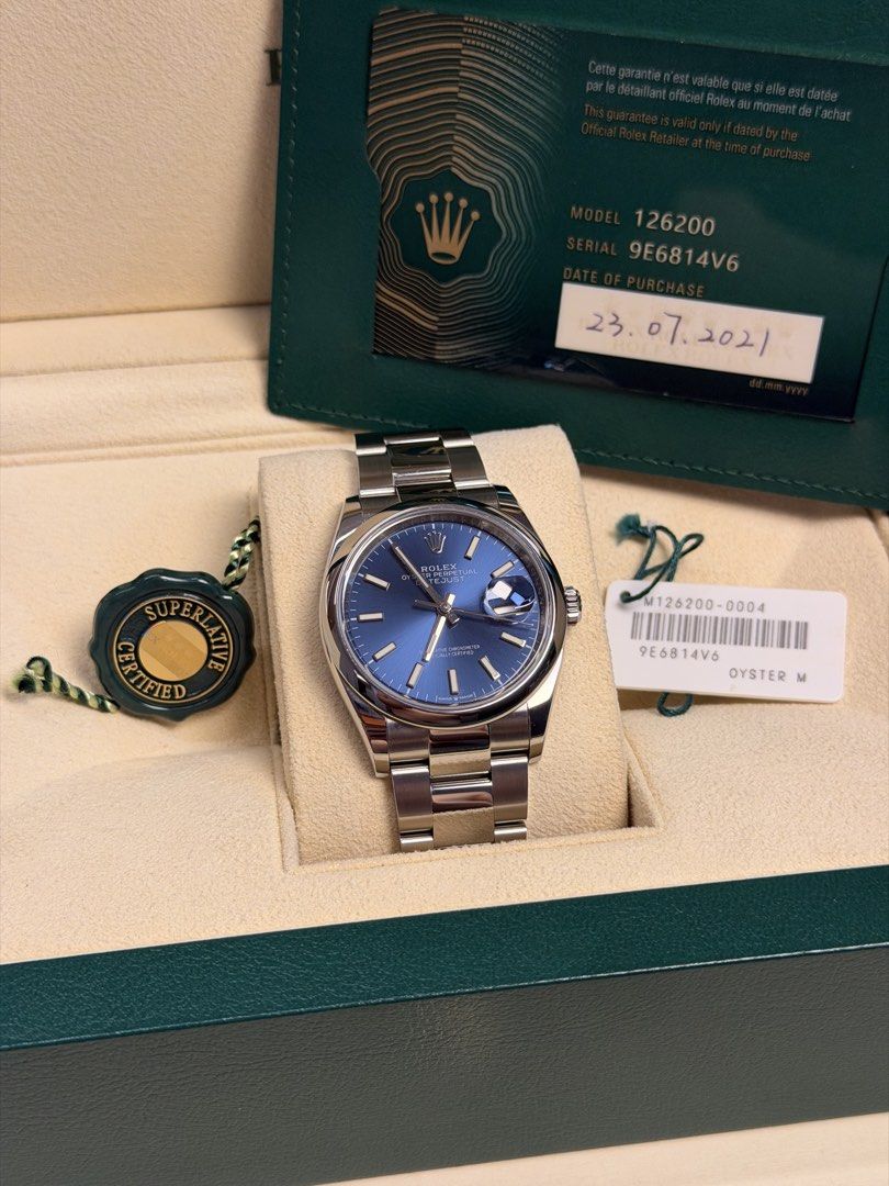 Rolex Datejust 36 (Category: Men's Watches) located in Quezon City. Submitted by LuxPieces (Listing ID 1462656306, Image 3). Description: Rolex Datejust Size 36mm Blue Stick Dial Ref. 126200 - NEWEST REFERENCE FULL SET Pristine condition Year 2021 460k only.