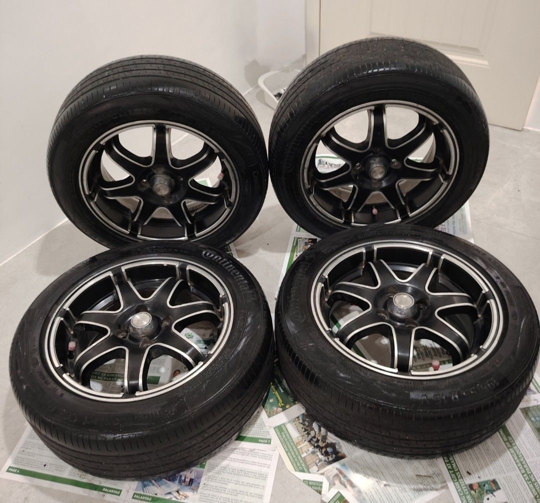 GENUINE R15 Rota Mags& Tires (Category: Mags and Tires) located in Binan City. Submitted by myorangeshop (Listing ID 1462454469, Image 2). Description: FOR SALE —USED ROTA 15” MAGS + CONTINENTAL TIRES (CC6 195/55 r15) Set of 4 | Package Deal ✅Genuine ROTA 15” mags – Black with machined/polished finish ✅ 15-inch ✅ Continental tires included(Tires: Continental, approximately 50–60% tread remaining.) ⚠️ One tire has a minor gutter/curb trace on the 