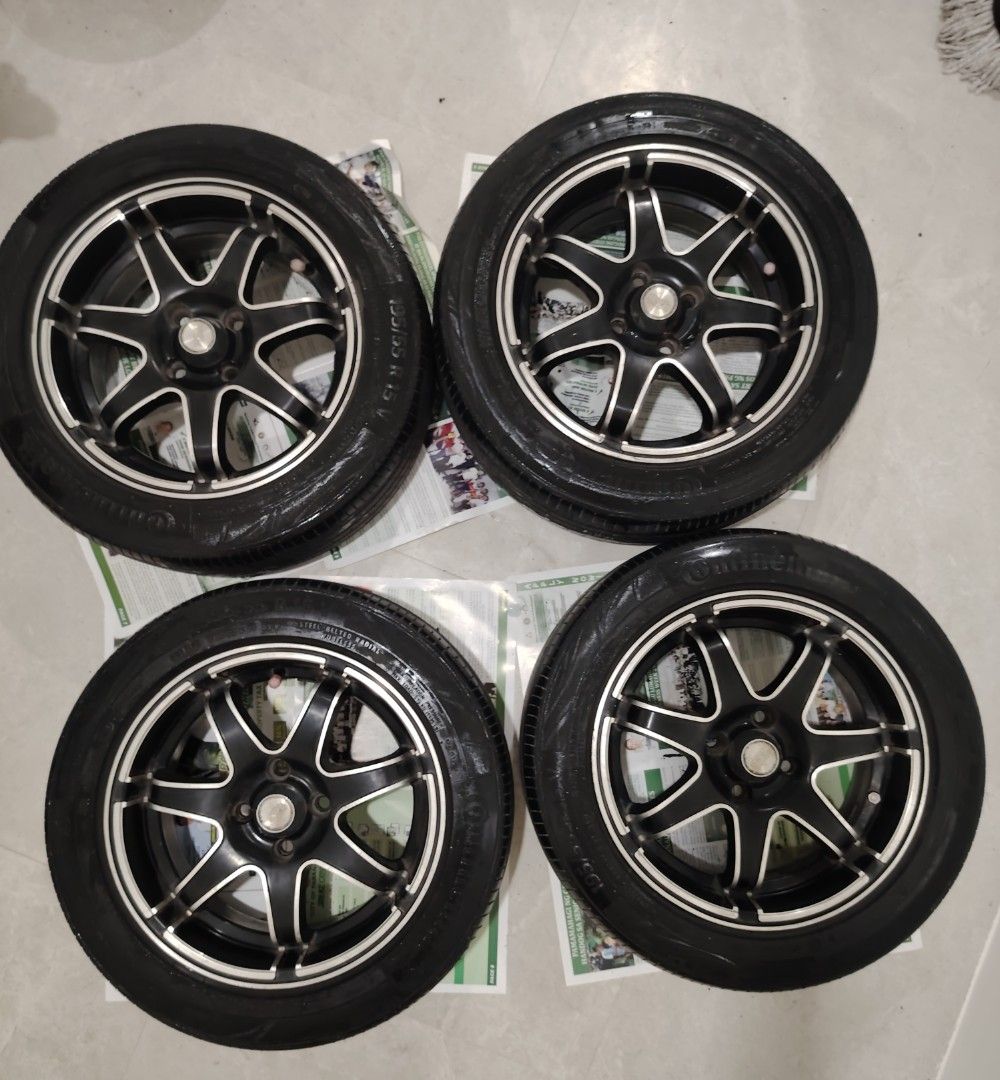 GENUINE R15 Rota Mags& Tires (Category: Mags and Tires) located in Binan City. Submitted by myorangeshop (Listing ID 1462454469, Image 1). Description: FOR SALE —USED ROTA 15” MAGS + CONTINENTAL TIRES (CC6 195/55 r15) Set of 4 | Package Deal ✅Genuine ROTA 15” mags – Black with machined/polished finish ✅ 15-inch ✅ Continental tires included(Tires: Continental, approximately 50–60% tread remaining.) ⚠️ One tire has a minor gutter/curb trace on the 