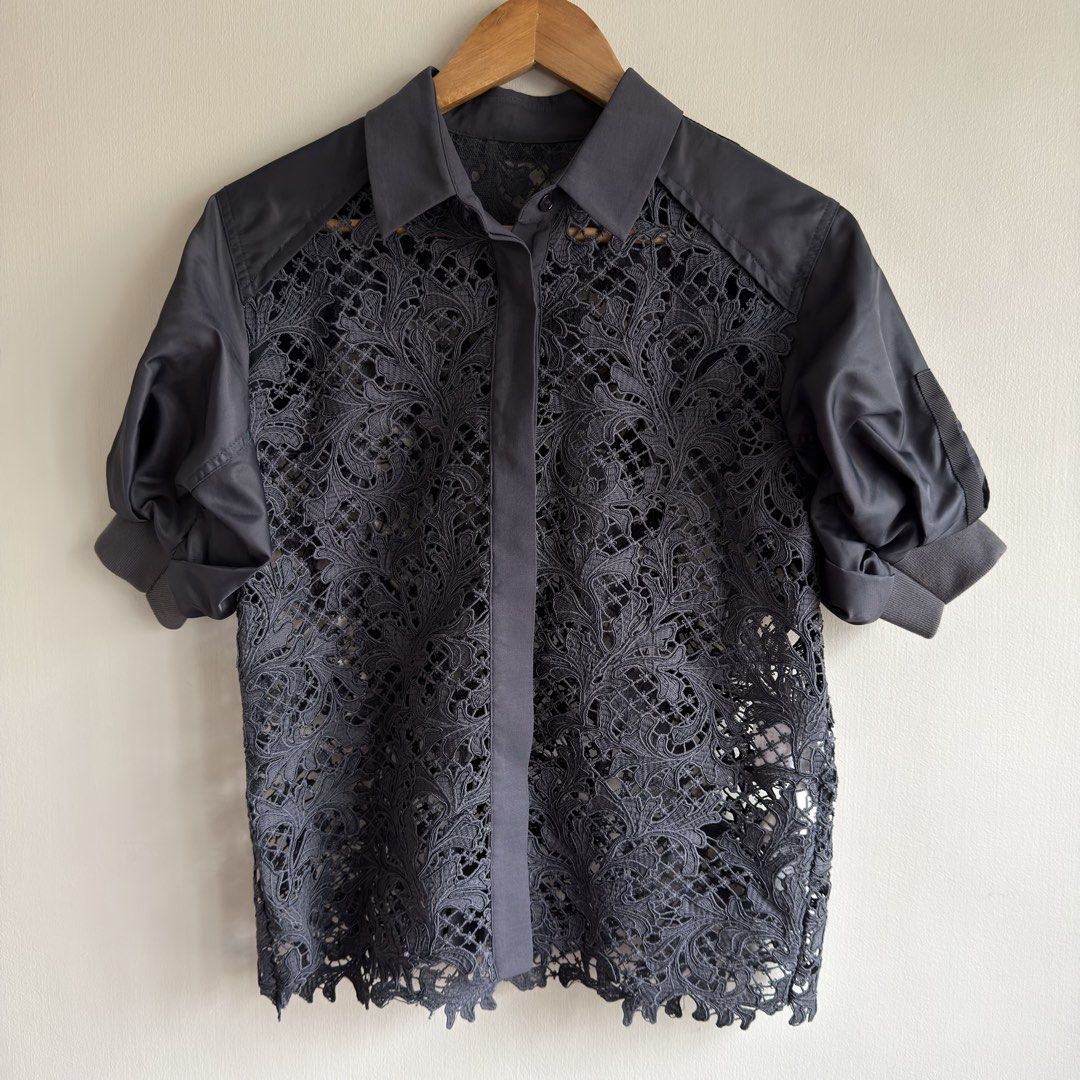 Sacai lace pattern short sleeve top gray (Category: Blouses) located in Quezon City. Submitted by toomuchpain (Listing ID 1462459027, Image 1). Description: Good as new No issue 19x24.