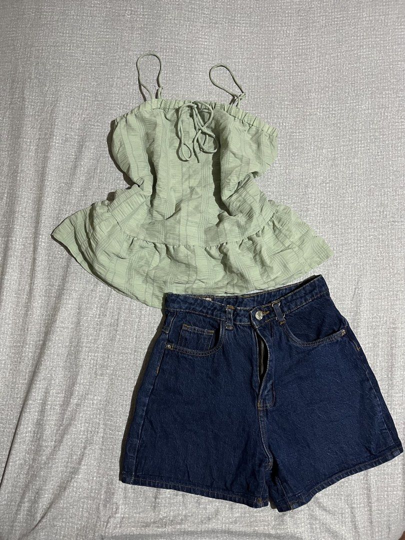 Sage Green Ruffle Top (Category: Sets or Coordinates) located in Manila. Submitted by az0r_ (Listing ID 1462503819, Image 1). Description: - Sage green cami top - Tie front detail - Ruffle hem - Adjustable straps - Pairs well with dark wash high-waisted denim shorts - Ideal for casual warm weather outfits - size XS.