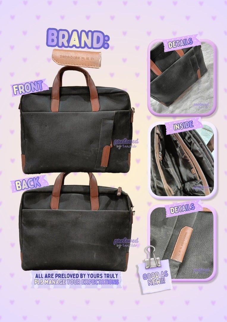 Samsonite RED Laptop Bag Messenger Bag (Category: Sling Bags) located in Zamboanga. Submitted by tenshiqt (Listing ID 1462679887, Image 1). Description: - Preloved Samsonite RED laptop bag - Color: Dark grey canvas with brown leather accents - Features multiple compartments for organization - Ideal for work or school - Please manage expectations for a preloved item.