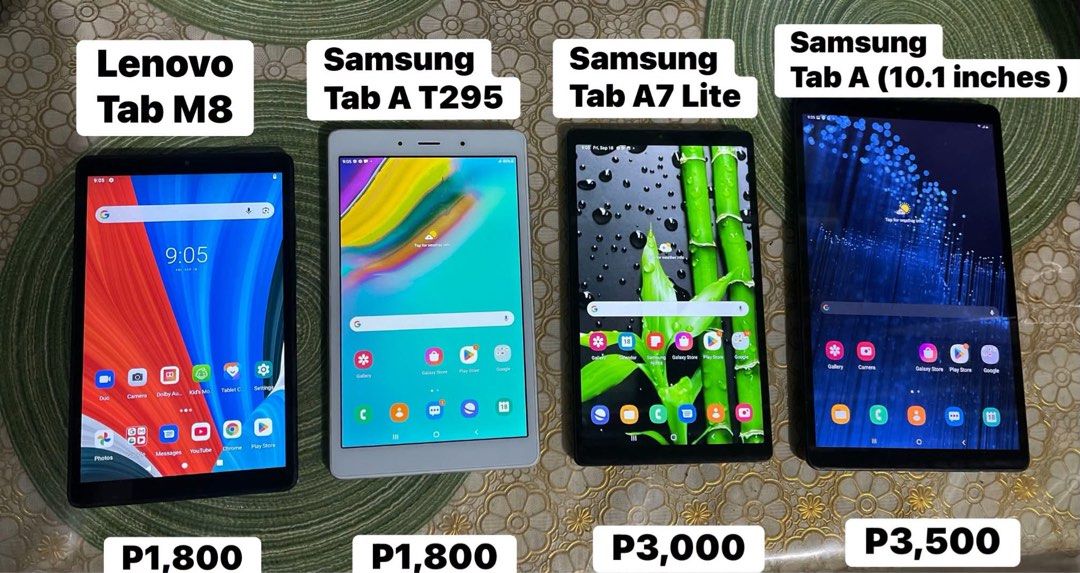 Samsung / Lenovo Tablet (Category: Android) located in Manila. Submitted by gadget_hub_199 (Listing ID 1462672530, Image 1). Description: 🔸LENOVO TAB M8🔸 2/32 gb 8 inches 5000mAh Battery Micro Usb port With sim slot Wifi 👉P1,800 🍀SAMSUNG TAB A T295🍀 2/32 gb 8 inches 5100mAh battery Micro usb port With sim slot Wifi P1,800 🔴SAMSUNG TAB A7 Lite🔴 3/32 gb Android 14 with sim slot Wifi 5100mAh Battery Type C port W face recognition Octa-core P3