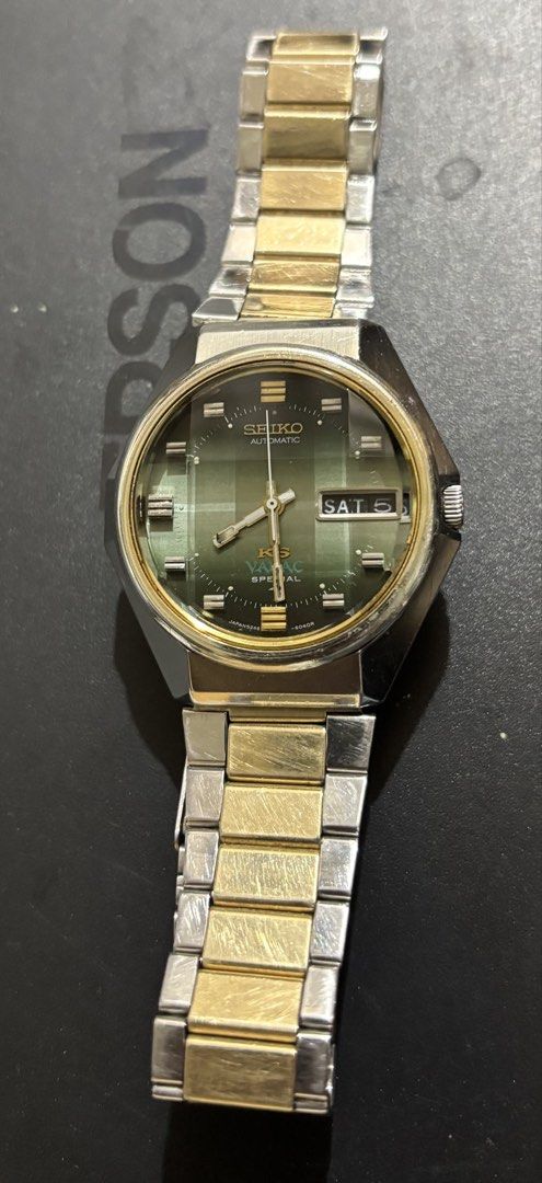 Seiko KS King Special Automatic Two-Tone Watch (Category: Luxury Watches) located in Manila. Submitted by olxph_alexb2233 (Listing ID 1462580995, Image 1). Description: - King Seiko Vanac Special automatic watch - Two-tone stainless steel and gold-plated bracelet - Green dial with day and date complication - Runs well - Signs of wear consistent with age on bracelet and case - Classic timepiece for watch collectors.